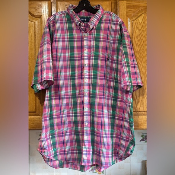 Polo Ralph Lauren Men's Pink and Green Plaid Shortsleeve Button Down Shirt 3XLT - Picture 1 of 6